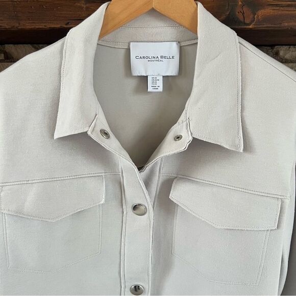 Carolina Belle Greige Oversized Crop Snap Stretch Comfy Blazer Jacket Size M - Picture 3 of 9